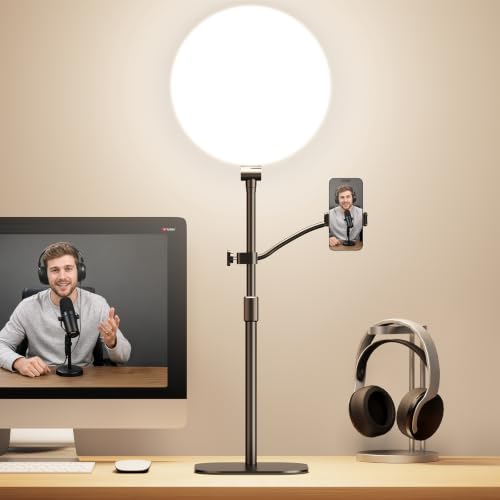 Full-Panel Ring Light with Stand and Extra-Long Flexible Phone Arm for Podcast & Streaming, 10" LED Video Light for Desk, Laptop & Computer, Dimmable Studio Lighting for Recording & Content Creation
